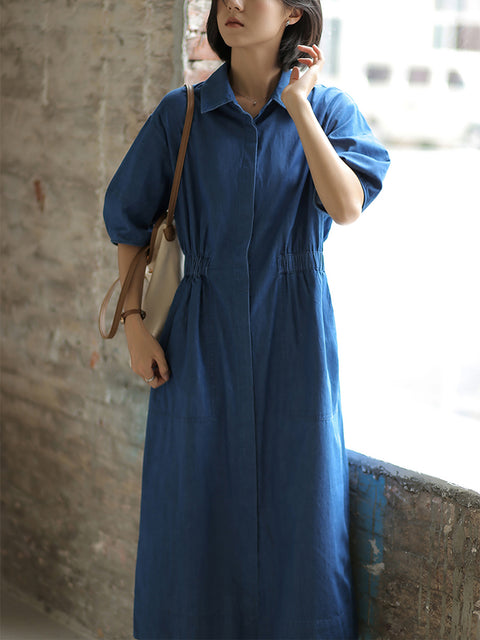 Women Spring Artsy Pure Color Button-up Cotton Dress