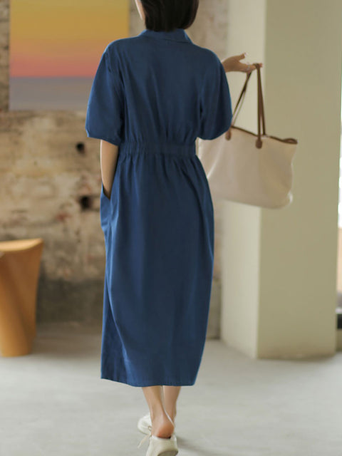 Women Spring Artsy Pure Color Button-up Cotton Dress