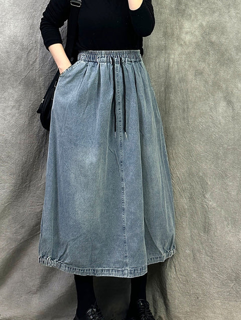 Women Summer Pure Color Loose Denim Skirt