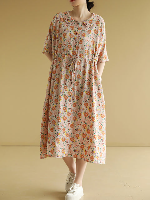 Women Summer Artsy Flower Cotton Loose Dress