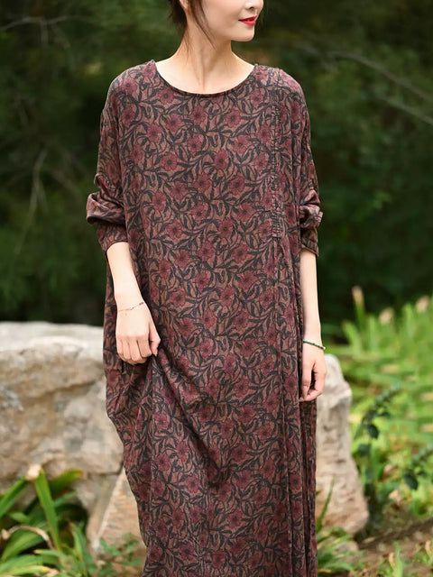 Women Spring Retro Flower 100%Cotton O-Neck Loose Dress