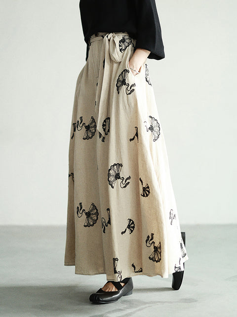 Women Summer Artsy Flower Embroidery Linen Skirt