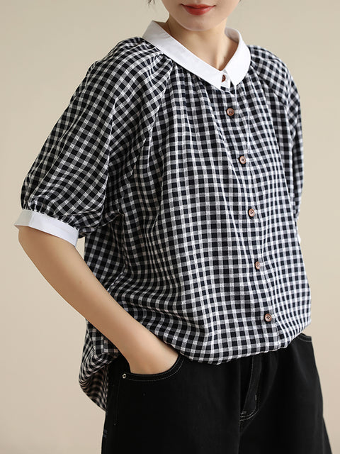 Women Summer Artsy Colorblock Plaid Shirt