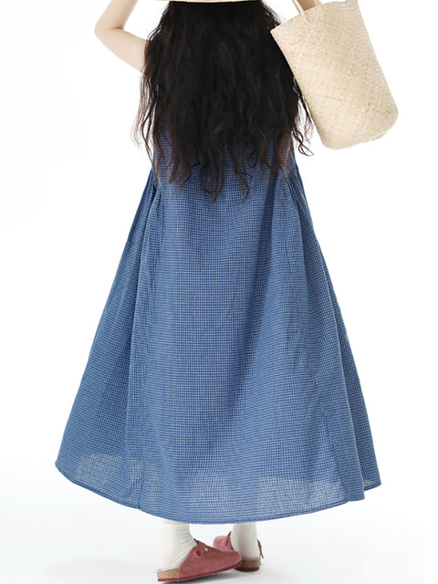 Women Summer Artsy Plaid Loose Denim Vest Dress