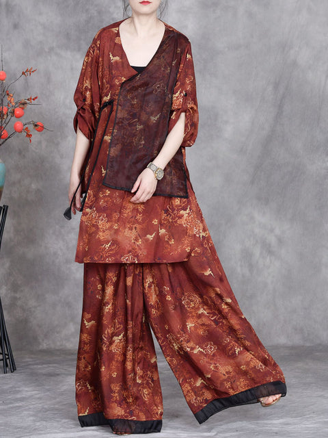 Women Summer Vintage Patchwork V-Neck Loose Suits