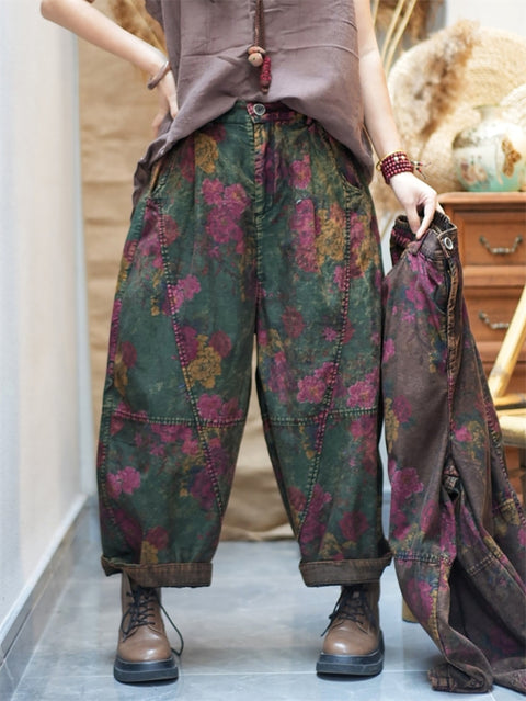 Women Spring Retro Flower Cotton Harem Pants