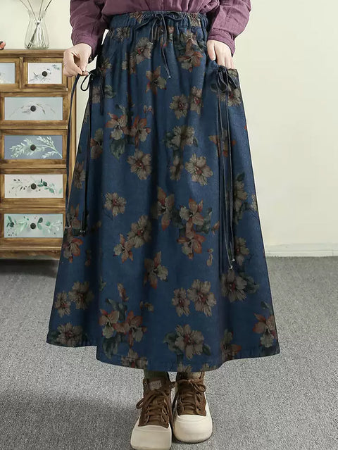 Women Spring Flower Strap Loose 100%Cotton Skirt