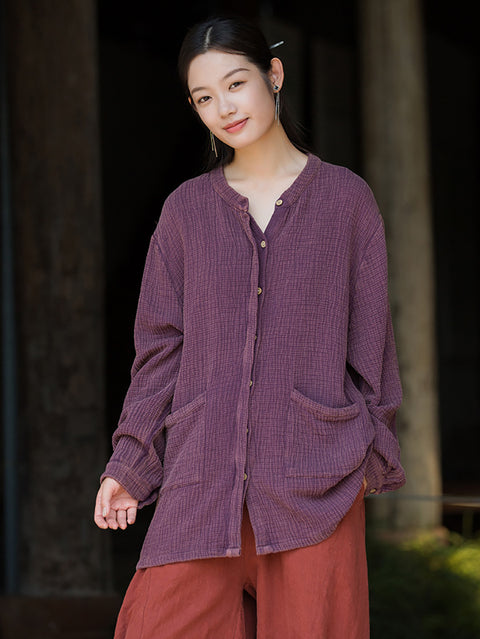 Women Vintage Autumn Solid Cotton O-Neck Shirt Coat