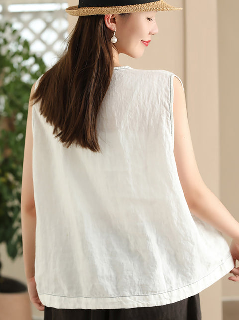 Women Summer Vintage Solid Pocket O-Neck Linen Vest