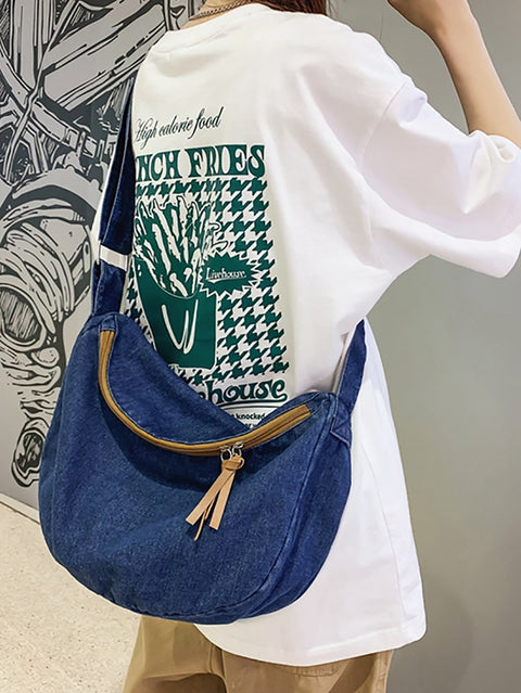 Casual Solid Denim Large Capacity Crossbody Bag