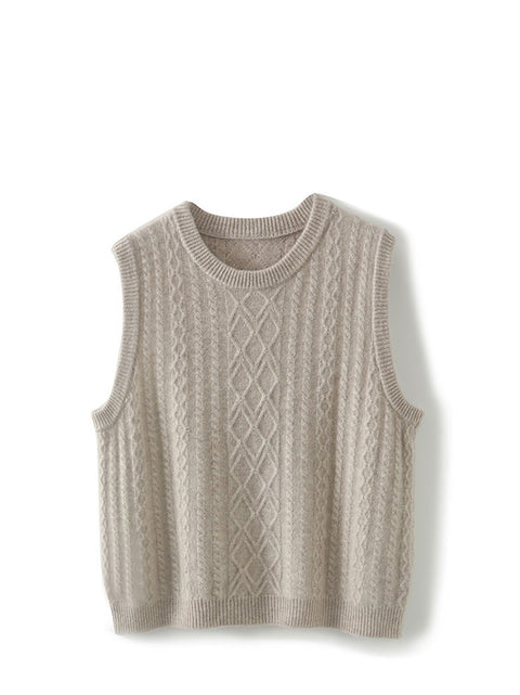 Women Casual Wool O-Neck Twist Knit Vest