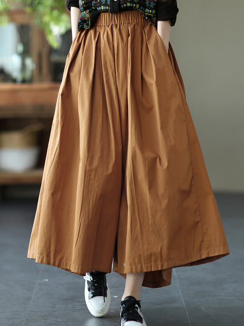 Women Summer Solid Pleat Button Pocket Wide-leg Pants