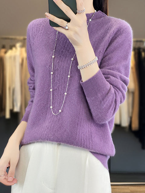 Women Autumn Solid Cable Knit 100%Wool Half Turtleneck Sweater