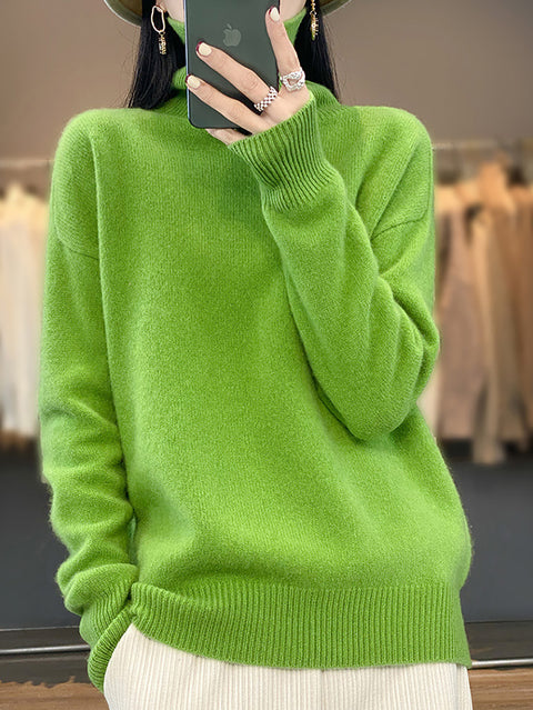 Women Autumn Turtleneck Knit 100%Wool Sweater