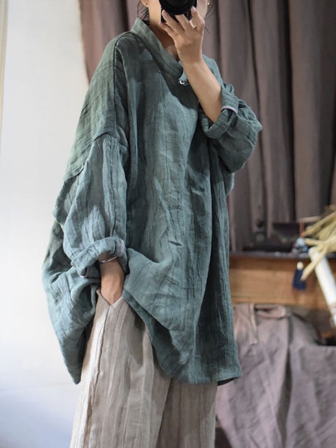 Women Vintage Solid Linen Loose Long Blouse