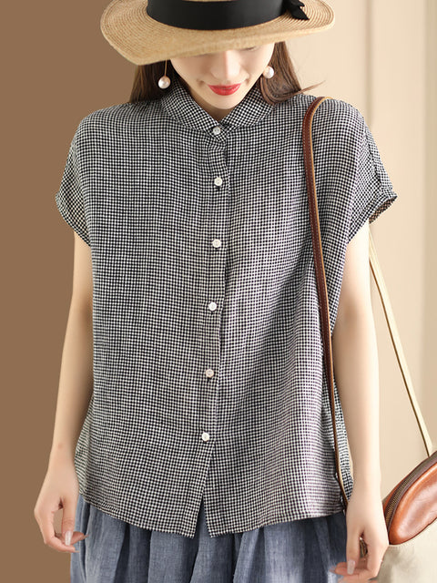 Plus Size Women Vintage Solid 100%Cotton Button-up Shirt