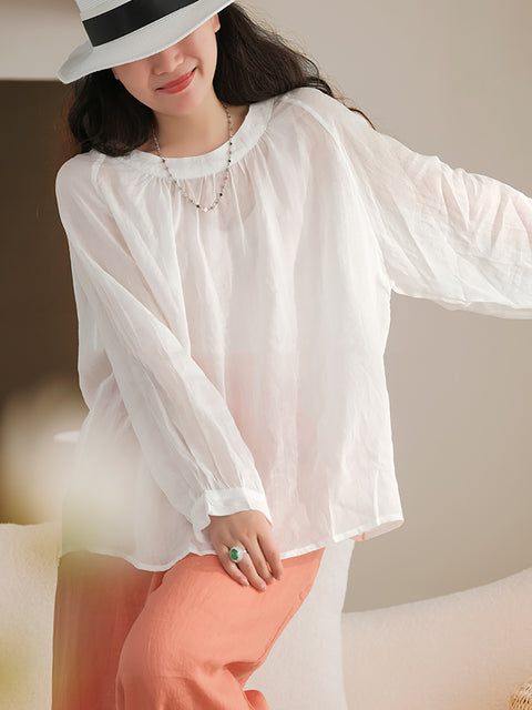 Plus Size Women Summer Solid Vintage Full Sleeve Ramie Shirt