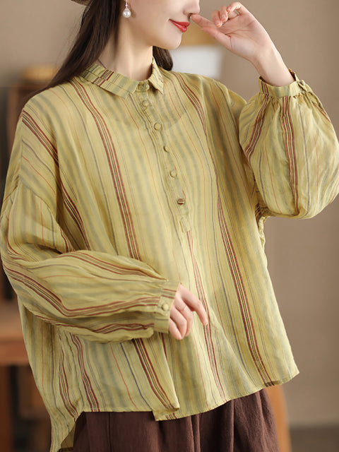 Women Spring Stripe Ramie Loose Linen Shirt