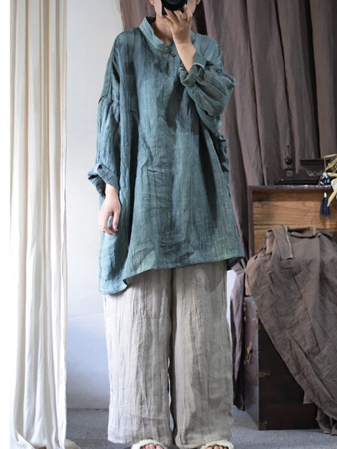 Women Vintage Solid Linen Loose Long Blouse