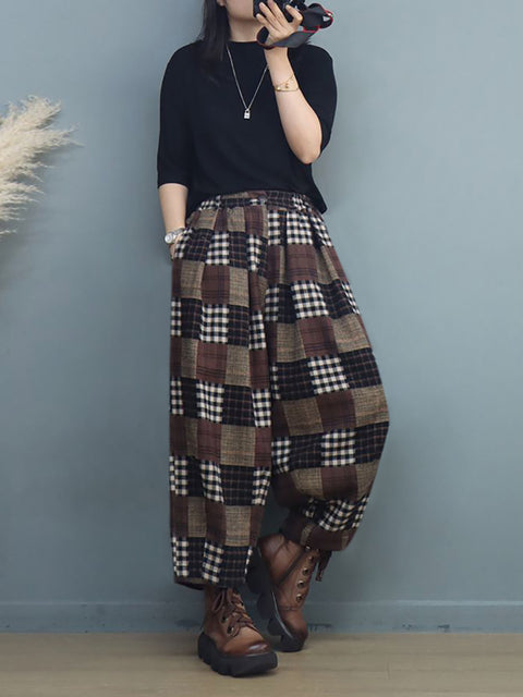 Plus Size Women Autumn Vintage Plaid Harem Pants