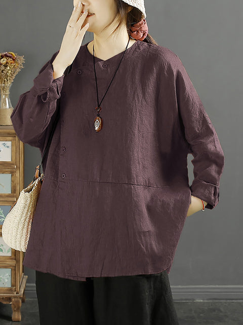 Plus Size Women Solid Vintage Slant-Closure Linen Shirt