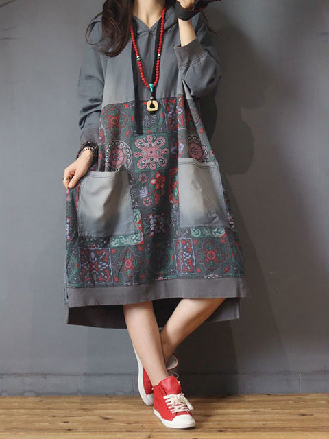 Women Vintage Flower Spliced Loose Hooded Dress