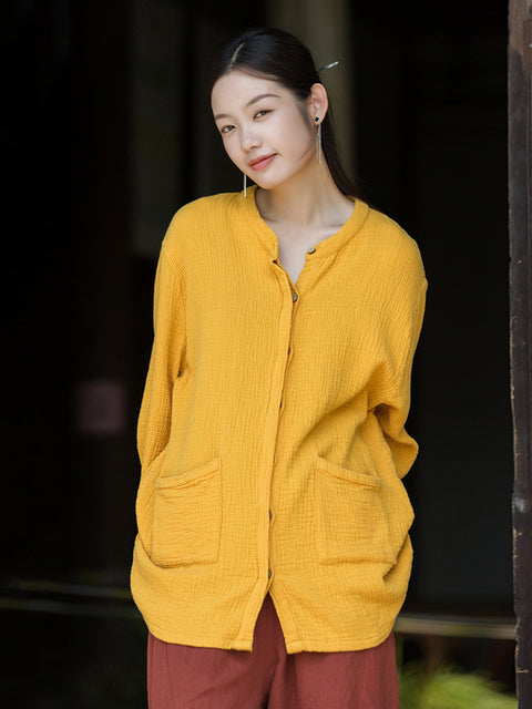 Women Vintage Autumn Solid Cotton O-Neck Shirt Coat