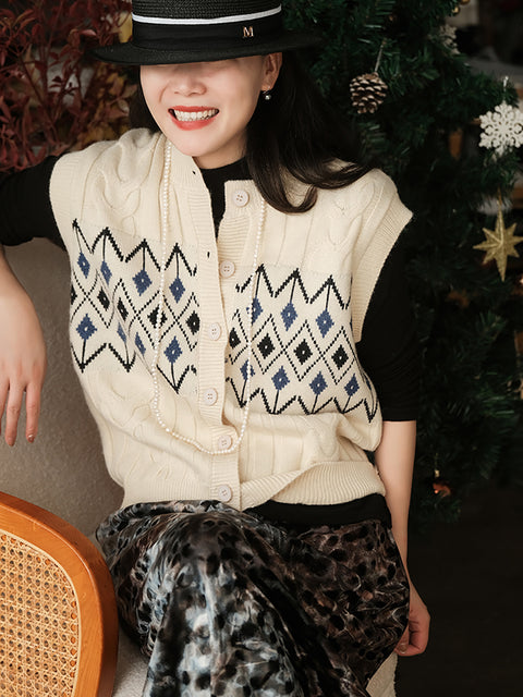 Women Winter Retro Geometric Knitted Vest