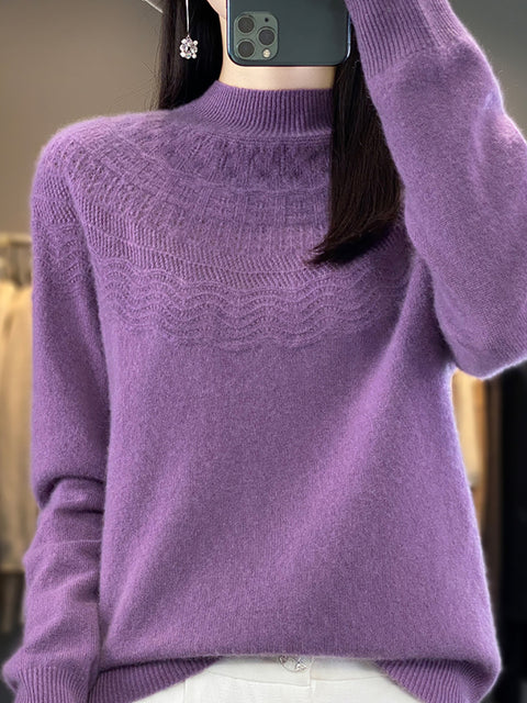 Women Autumn Cable Knit 100%Wool Half Turtleneck Sweater