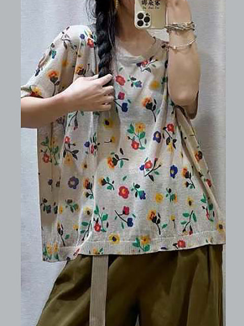 Women Casual Flower Summer Loose Pullover Shirt