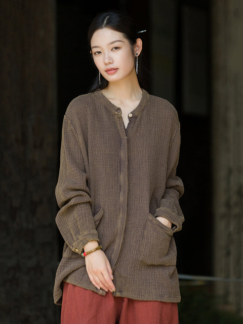 Women Vintage Autumn Solid Cotton O-Neck Shirt Coat