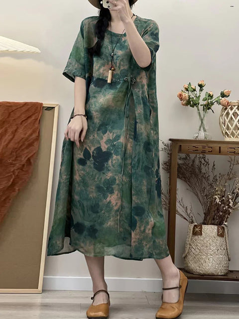 Plus Size Women Rerto Summer Print Loose Travel Ramie Dress