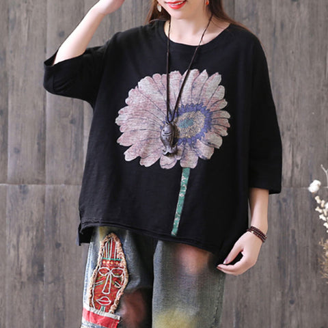 Plus Size Short Sleeve Sunflower Printed T-shirt