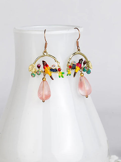 Bird And Flower Chalcedony Pendant Earrings