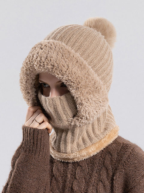 Women Winter Warm Knitted Plush Scarf Hat