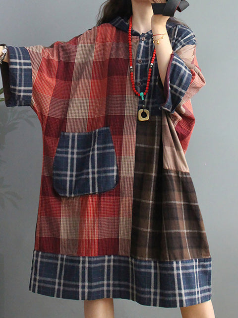 Plus Size Retro Plaid Big Pocket Hooded Dress