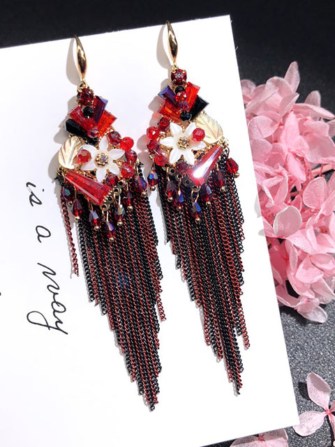 Women Vintage Flower Shell Alloy Tassel Earrings