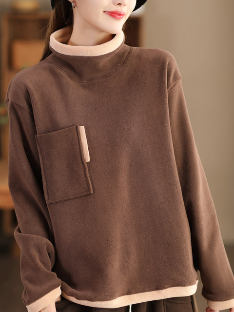 Women Casual Winter Spliced Turtleneck Fleece Sweatshirt