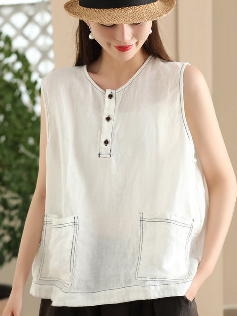 Women Summer Vintage Solid Pocket O-Neck Linen Vest