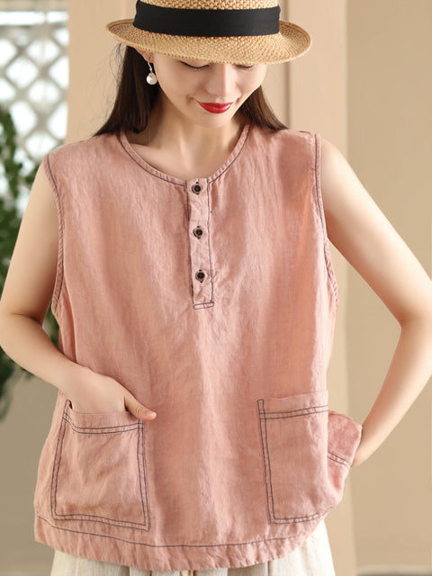 Women Summer Vintage Solid Pocket O-Neck Linen Vest