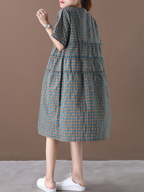 Plus Size Summer Plaid Round Neck Cotton Linen Midi Dress