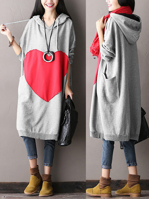 Plus Size Women Casual Red Heart Spliced Hooded Dress