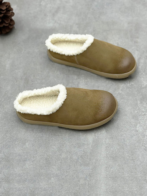 Women Winter Fleece-lined Genuine Leather Flat Slippers