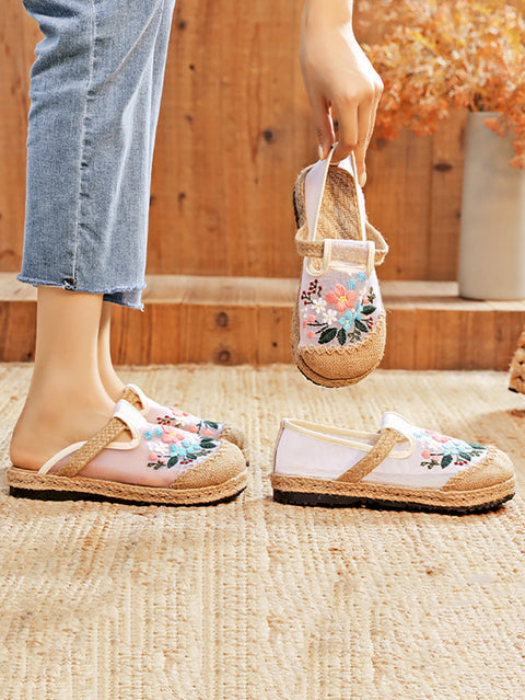 Women Summer Vintage Embroidery Linen Flat Shoes