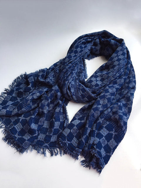 Women Retro Geometric Batik Blue Tassel Shawl Scarf