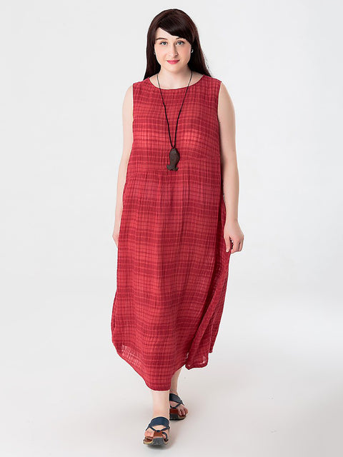 Plus Size Women Summer Plaid Cotton Linen Vest Dress