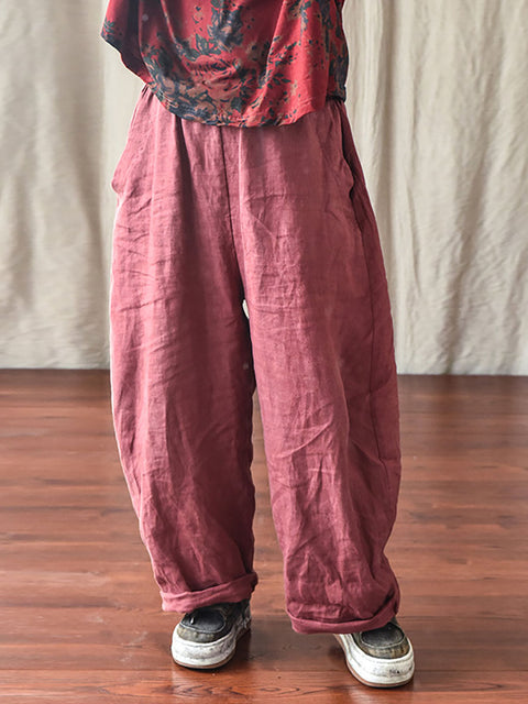 Plus Size Women Casual Solid Loose Elastic Waist Linen Pants