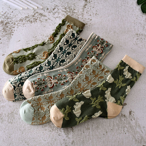 5 Pairs Women Spring Vintage Plant Jacquard Socks