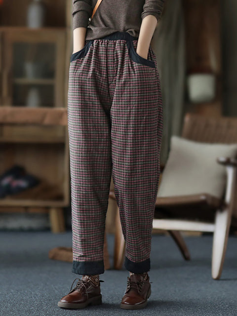 Plus Size Women Cotton Linen Plaid Elastic Waist Pants