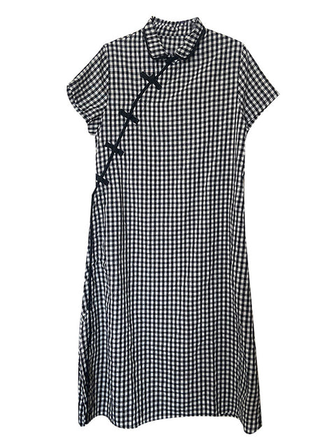 Plus Size Women Summer Vintage Plaid Frog Loose Dress